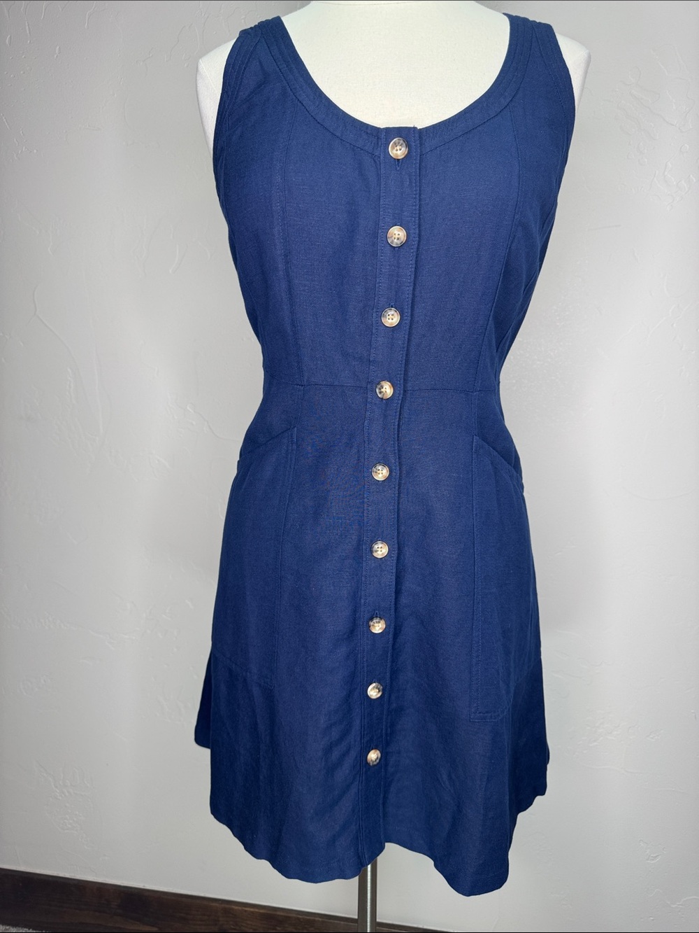 Sleeveless Navy Full Button-Front Dress with Deep Pockets Linen Blend